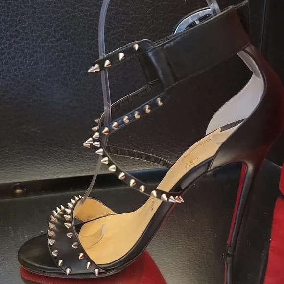 Christian Louboutin Black Choca Spikes 100 Kid Heels - Picture 6 of 16